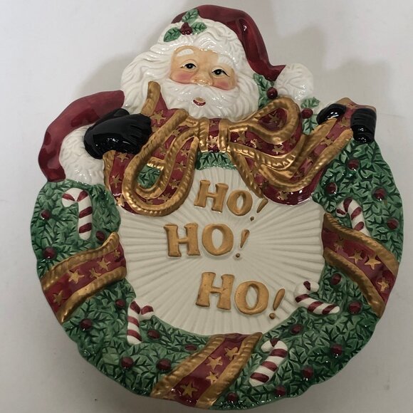 Fitz and Floyd Essential Santa Wreath Christmas Ho Ho Ho Cookie Canape Plate 8" - Picture 2 of 10